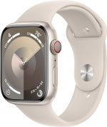 Apple Watch Series 9 (GPS + Cellular) 45 mm aluminiumsdeksel i stjernehvitt og sportsarmbånd i stjernehvitt, S/M (MRM83)