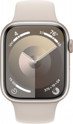 Apple Watch Series 9 (GPS + Cellular) 45 mm aluminiumsdeksel i stjernehvitt og sportsarmbånd i stjernehvitt, S/M (MRM83)