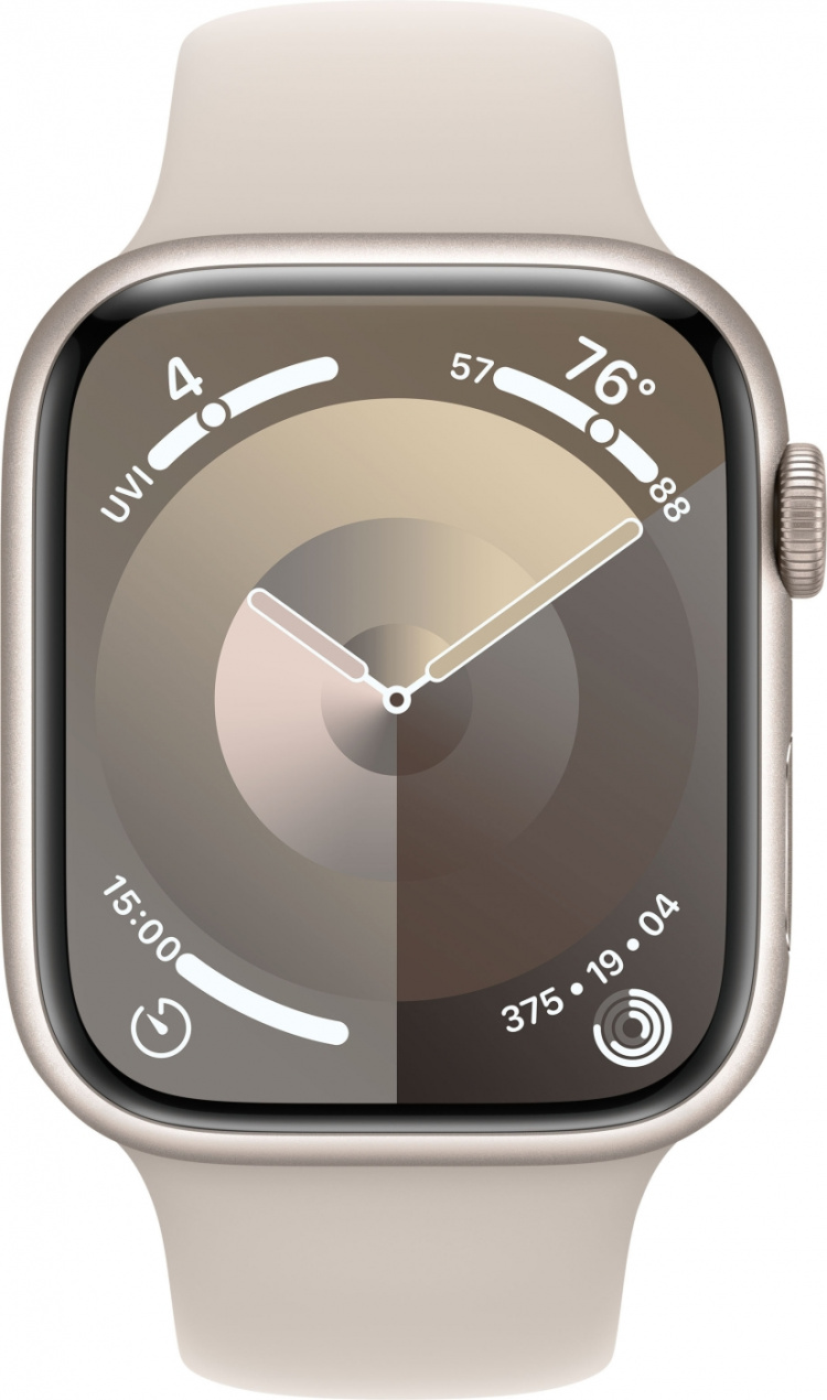 Apple Watch Series 9 (GPS + Cellular) 45 mm aluminiumsdeksel i stjernehvitt og sportsarmbånd i stjernehvitt, S/M (MRM83)