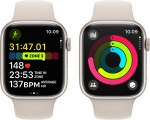 Apple Watch Series 9 (GPS + Cellular) 45 mm aluminiumsdeksel i stjernehvitt og sportsarmbånd i stjernehvitt, S/M (MRM83)