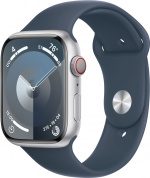 Apple Watch Series 9 (GPS + Cellular) 45 mm sølvfarget aluminiumsdeksel og stormblått sportsarmbånd, M/L (MRMH3)