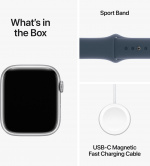 Apple Watch Series 9 (GPS + Cellular) 45 mm sølvfarget aluminiumsdeksel og stormblått sportsarmbånd, M/L (MRMH3)