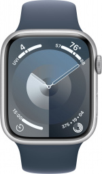 Apple Watch Series 9 (GPS + Cellular) 45 mm sølvfarget aluminiumsdeksel og stormblått sportsarmbånd, M/L (MRMH3)