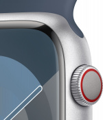 Apple Watch Series 9 (GPS + Cellular) 45 mm sølvfarget aluminiumsdeksel og stormblått sportsarmbånd, M/L (MRMH3)