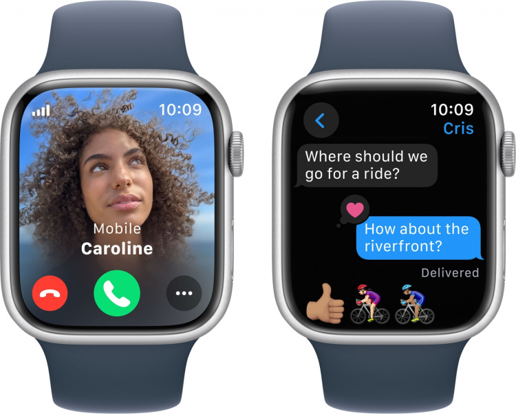 Apple Watch Series 9 (GPS + Cellular) 45 mm sølvfarget aluminiumsdeksel og stormblått sportsarmbånd, M/L (MRMH3)