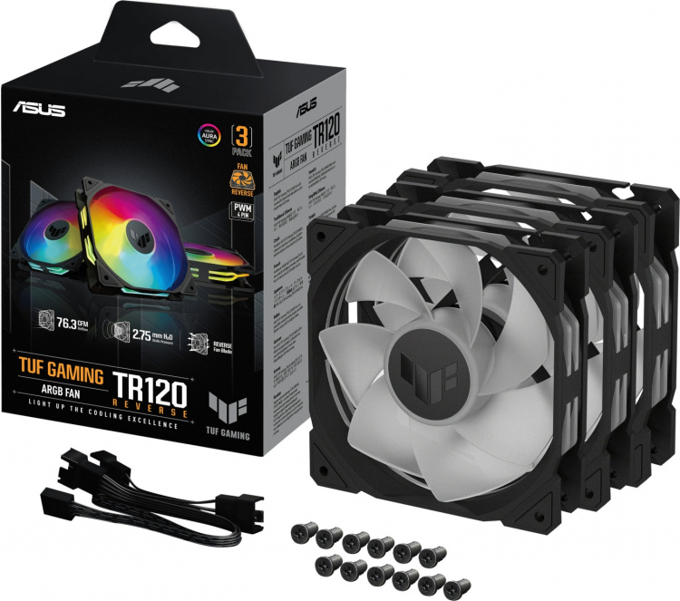 ASUS TUF Gaming TR 120 ARGB Reverse PWM-vifte, 120 mm, svart, 3-pk