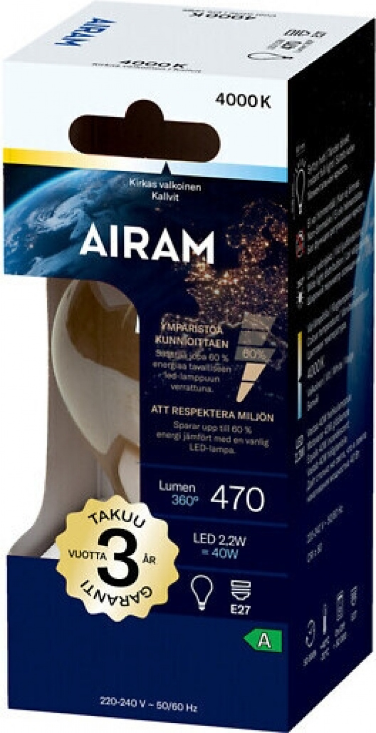 Airam LED A60-lampe, E27, 4000K, 470lm, klar kobber Airam LED A60-lampe, E27, 4000K, 470lm, klar kobber
