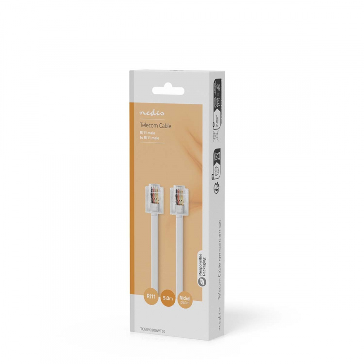 Nedis Telecom Cable | RJ11 Han | RJ11 Han | 5.00 m | Kabelutforming: Flatt | Kabeltype: RJ11 | Gjennomsiktig / Hvit