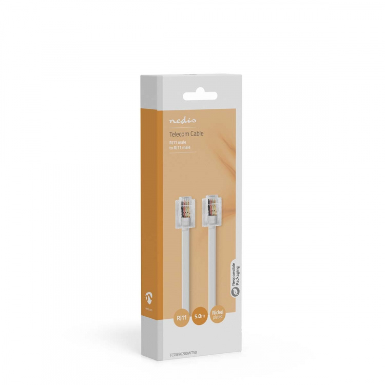 Nedis Telecom Cable | RJ11 Han | RJ11 Han | 5.00 m | Kabelutforming: Flatt | Kabeltype: RJ11 | Gjennomsiktig / Hvit