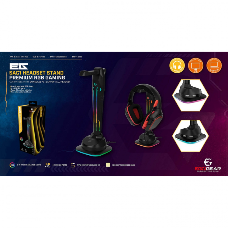 EgoGear Headset Stand SAC1 RGB With 4xUSB ports and Type-C 1m EgoGear Headset Stand SAC1 RGB With 4xUSB ports and Type-C 1m