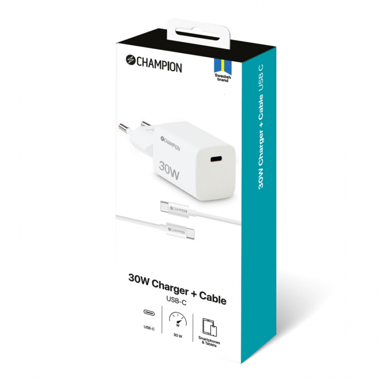Champion Lader 30W + USB-C-kabel hvit
