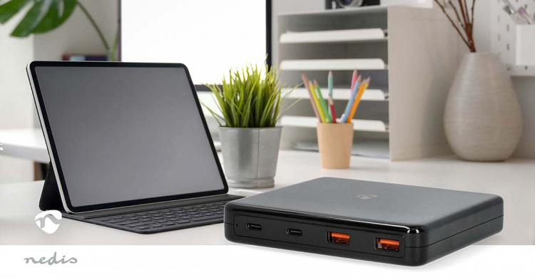 Nedis Bordlader | 65 W | GaN | 1.5 / 2.0 / 2.5 / 3.0 / 3.25 A A | Antall utganger: 4 | USB-A / USB-C™ | Euro | 1.50 m | Automatisk Spenning Utvalg
