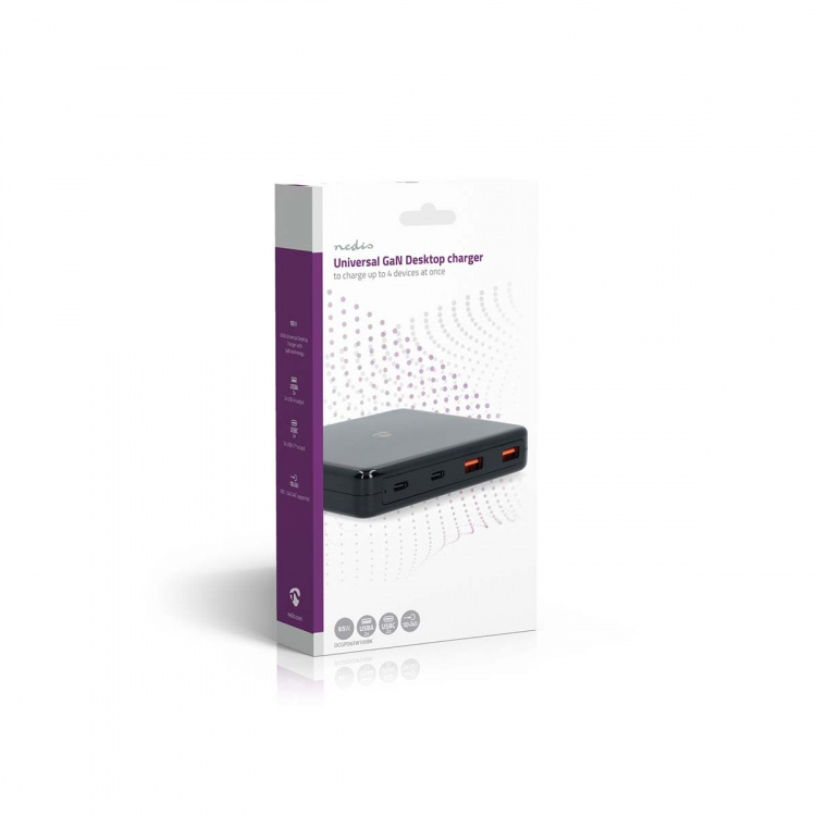 Nedis Bordlader | 65 W | GaN | 1.5 / 2.0 / 2.5 / 3.0 / 3.25 A A | Antall utganger: 4 | USB-A / USB-C™ | Euro | 1.50 m | Automatisk Spenning Utvalg