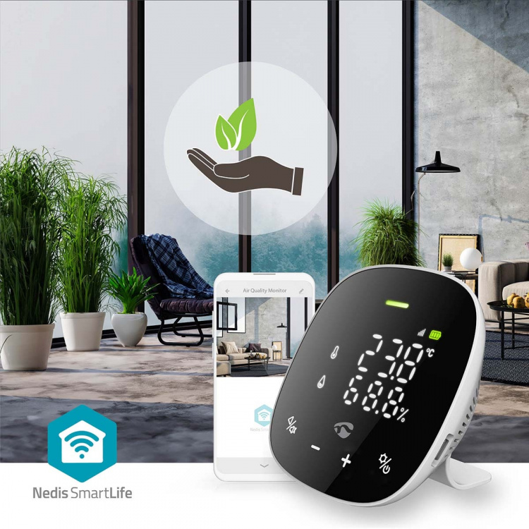 Nedis SmartLife luftkvalitetsmonitor | Wi-Fi | Inkludert display | Karbondioksid (CO2) / Luftfuktighet / Temperatur | Android™ / IOS | Hvit / Sort