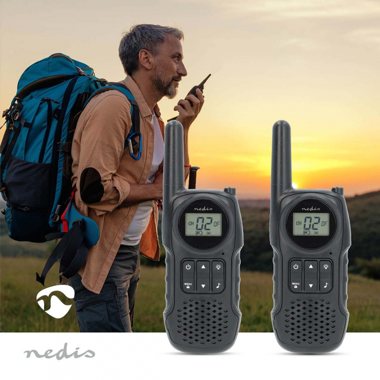 Nedis Walkie-Talkie Set | 2 håndsett | Opp til 10 km | Frekvens kanal: 8 | PTT / VOX | Opp til 3 timer | Hodetelefonutgang | Sort