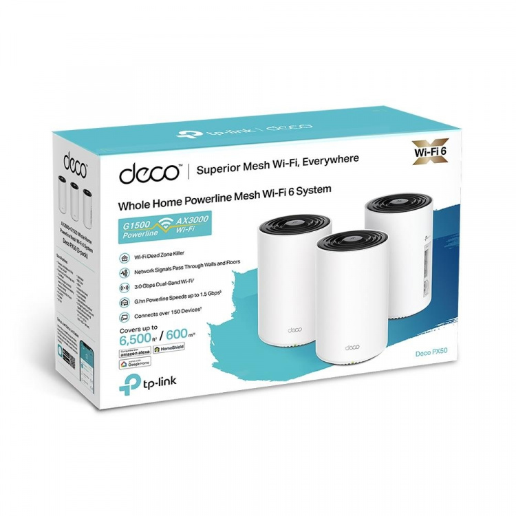 TP-Link Deco PX50 Wi-Fi 6 AX3000 + G1500 Powerline Mesh-system for hele hjemmet (3-pakning)