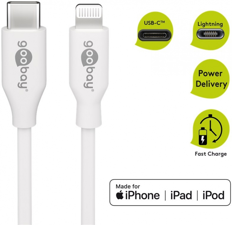 Goobay Lightning til USB-C™ lade- og synkroniseringskabel, 0,5 m, hvit MFi-kabel for Apple iPhone/iPad