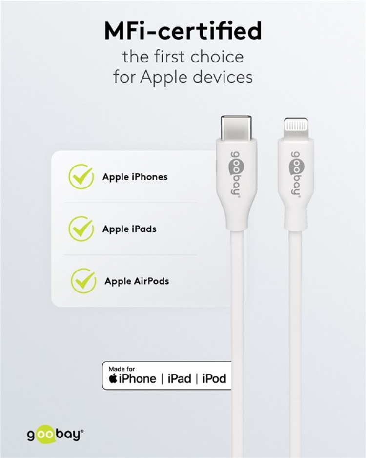 Goobay Lightning til USB-C™ lade- og synkroniseringskabel, 0,5 m, hvit MFi-kabel for Apple iPhone/iPad