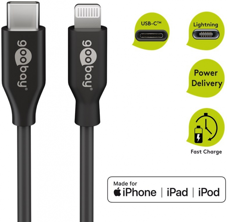 Goobay Lightning til USB-C™ lade- og synkroniseringskabel, 1 m, svart MFi-kabel for Apple iPhone/iPad