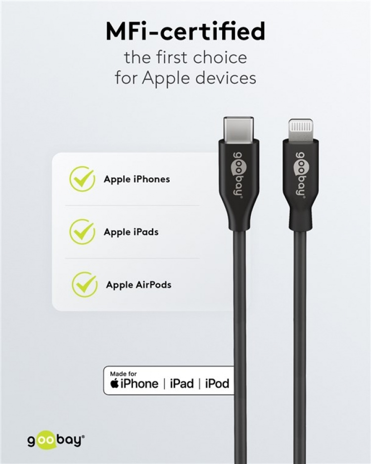Goobay Lightning til USB-C™ lade- og synkroniseringskabel, 2 m, svart MFi-kabel for Apple iPhone/iPad
