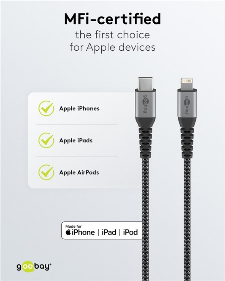 Goobay Lightning USB-C™ tekstilkabel med metallkontakter, 1 m MFi-sertifisert, elegant og ekstra robust lade- og synkroniseringskabel for Apple iPhone/iPad (svart, grå)