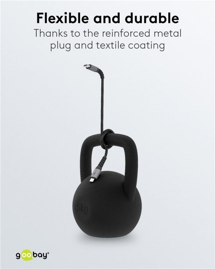 Goobay Lightning USB-C™ tekstilkabel med metallkontakter, 1 m MFi-sertifisert, elegant og ekstra robust lade- og synkroniseringskabel for Apple iPhone/iPad (svart, grå)