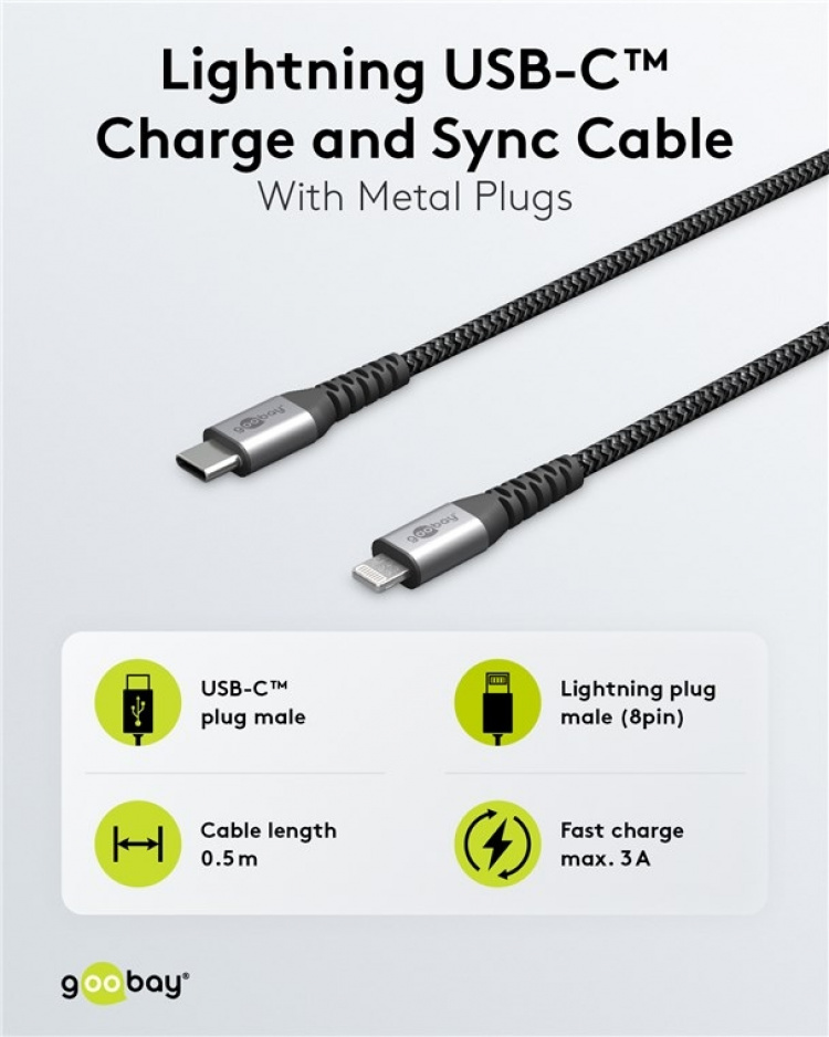 Goobay Lightning USB-C™ tekstilkabel med metallkontakter, 2 m MFi-sertifisert, elegant og ekstra robust lade- og synkroniseringskabel for Apple iPhone/iPad (svart, grå)
