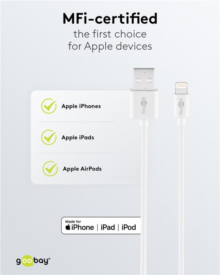 Goobay Lightning USB-kabel for lading og synkronisering, 1 m, hvit MFi-kabel for Apple iPhone/iPad