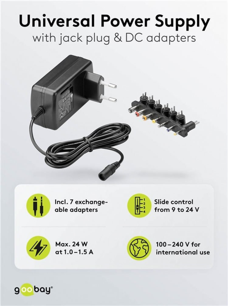Goobay Universell strømforsyning (9 V - 24 V maks. 24 W / 1,5 A) inkl. 7x DC-adaptere