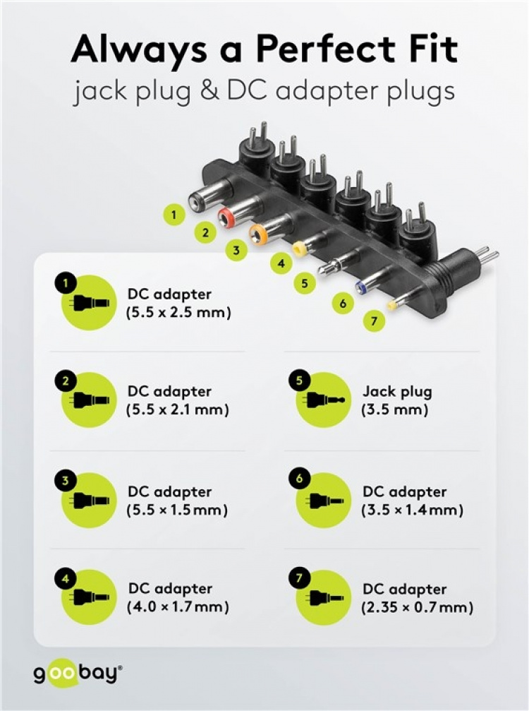 Goobay Universell strømforsyning (9 V - 24 V maks. 24 W / 1,5 A) inkl. 7x DC-adaptere