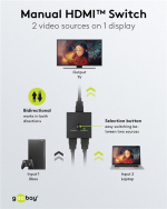 Goobay Manuell HDMI™-bryter 2 til 1 (4K @ 30 Hz) for å bytte mellom 2x HDMI™-enheter koblet til 1x HDMI™-skjerm Goobay Manuell HDMI™-bryter 2 til 1 (4K @ 30 Hz) for å bytte mellom 2x HDMI™-enheter koblet til 1x HDMI™-skjerm