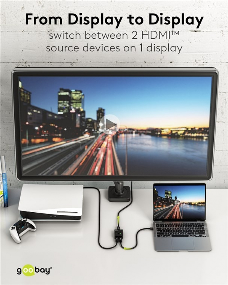 Goobay Manuell HDMI™-bryter 2 til 1 (4K @ 30 Hz) for å bytte mellom 2x HDMI™-enheter koblet til 1x HDMI™-skjerm Goobay Manuell HDMI™-bryter 2 til 1 (4K @ 30 Hz) for å bytte mellom 2x HDMI™-enheter koblet til 1x HDMI™-skjerm