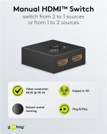 Goobay Manuell HDMI™-bryter 2 til 1 (4K @ 30 Hz) for å bytte mellom 2x HDMI™-enheter koblet til 1x HDMI™-skjerm Goobay Manuell HDMI™-bryter 2 til 1 (4K @ 30 Hz) for å bytte mellom 2x HDMI™-enheter koblet til 1x HDMI™-skjerm