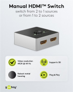 Goobay Manuell HDMI™-bryter 2 til 1 (4K @ 60 Hz) for å bytte mellom 2x HDMI™-enheter koblet til 1x HDMI™-skjerm