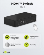 Goobay Manuell HDMI™ Switch 4 til 1 (4K @ 60 Hz) for å bytte mellom 4 x HDMI™-enheter koblet til 1 x HDMI™-skjerm Goobay Manuell HDMI™ Switch 4 til 1 (4K @ 60 Hz) for å bytte mellom 4 x HDMI™-enheter koblet til 1 x HDMI™-skjerm