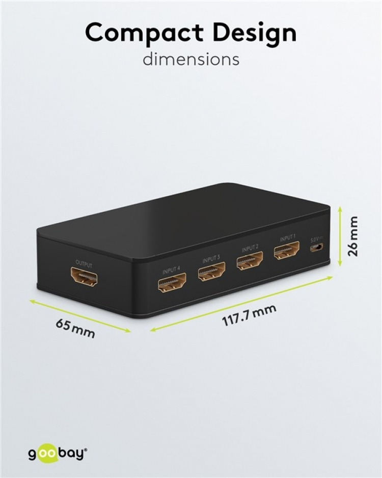Goobay Manuell HDMI™ Switch 4 til 1 (4K @ 60 Hz) for å bytte mellom 4 x HDMI™-enheter koblet til 1 x HDMI™-skjerm Goobay Manuell HDMI™ Switch 4 til 1 (4K @ 60 Hz) for å bytte mellom 4 x HDMI™-enheter koblet til 1 x HDMI™-skjerm