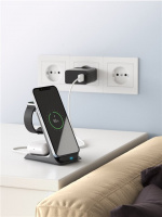 Goobay 3in1 trådløs lader, Qi-kompatibel, svart Lader trådløst opp til 3 enheter samtidig