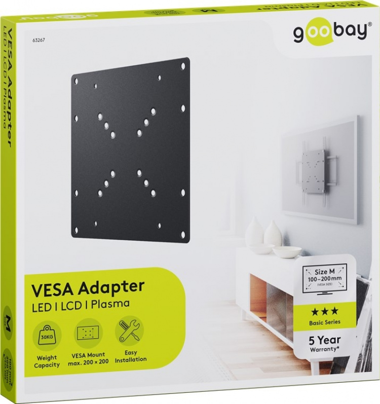 Goobay Adapter for TV-veggmontering med VESA-dimensjon øker avstanden mellom monteringshullene på et TV-apparat til maksimalt 200x200 mm