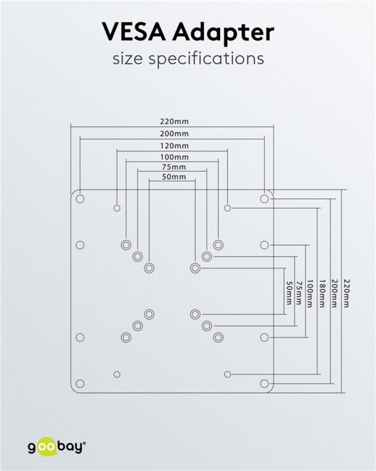Goobay Adapter for TV-veggmontering med VESA-dimensjon øker avstanden mellom monteringshullene på et TV-apparat til maksimalt 200x200 mm