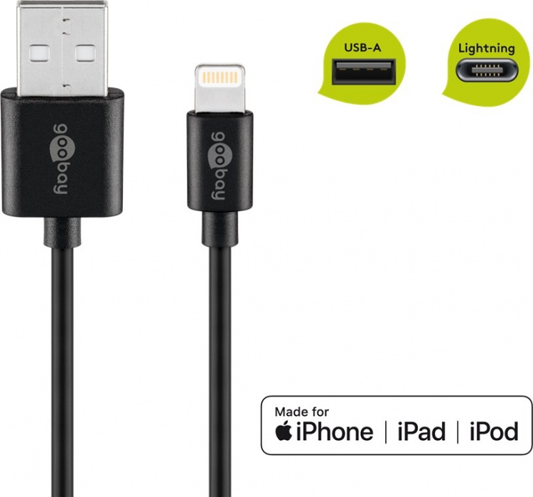 Goobay Lightning USB-kabel for lading og synkronisering, 1 m, svart MFi-kabel for Apple iPhone/iPad Goobay Lightning USB-kabel for lading og synkronisering, 1 m, svart MFi-kabel for Apple iPhone/iPad