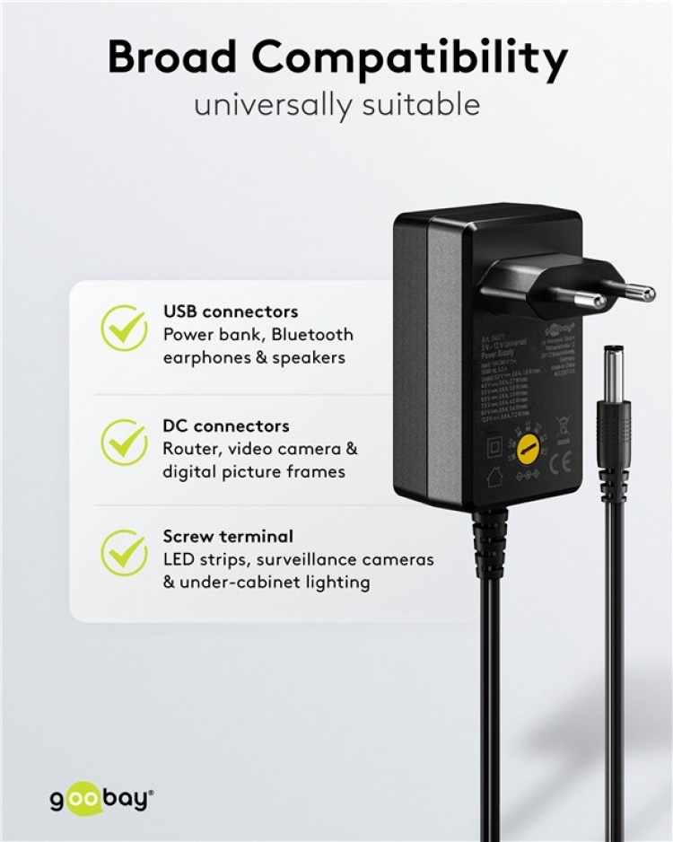 Goobay Universell strømforsyning 3 V - 12 V, maks. 7,2 W inkl. 11 adaptere: 7 DC-adaptere pluss USB-C™, USB-A, USB Mini-B, Micro-USB og rekkeklemme