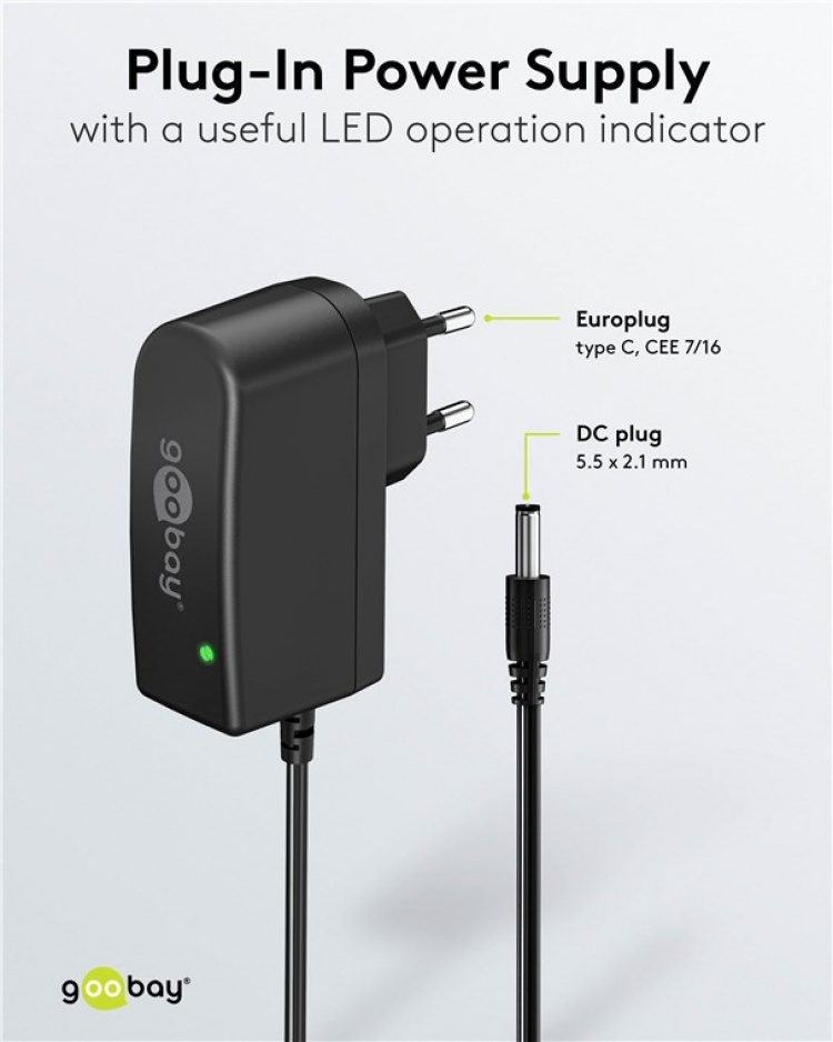 Goobay 12 V strømforsyning (7,2 W / 0,6 A) med senterpinne (hann) 5,5 mm x 2,1 mm