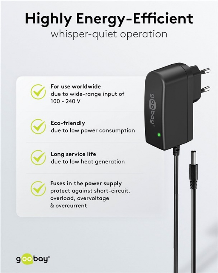 Goobay 12 V strømforsyning (7,2 W / 0,6 A) med senterpinne (hann) 5,5 mm x 2,1 mm