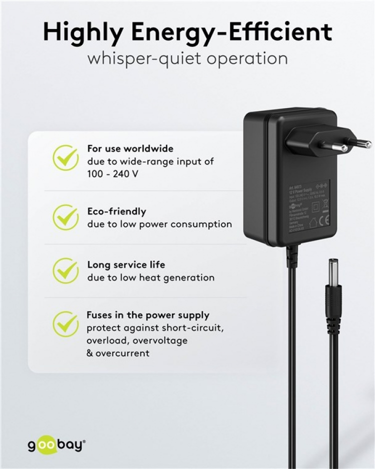 Goobay 12 V strømforsyning (18 W / 1,5 A) med senterpinne (hann) 5,5 mm x 2,5 mm
