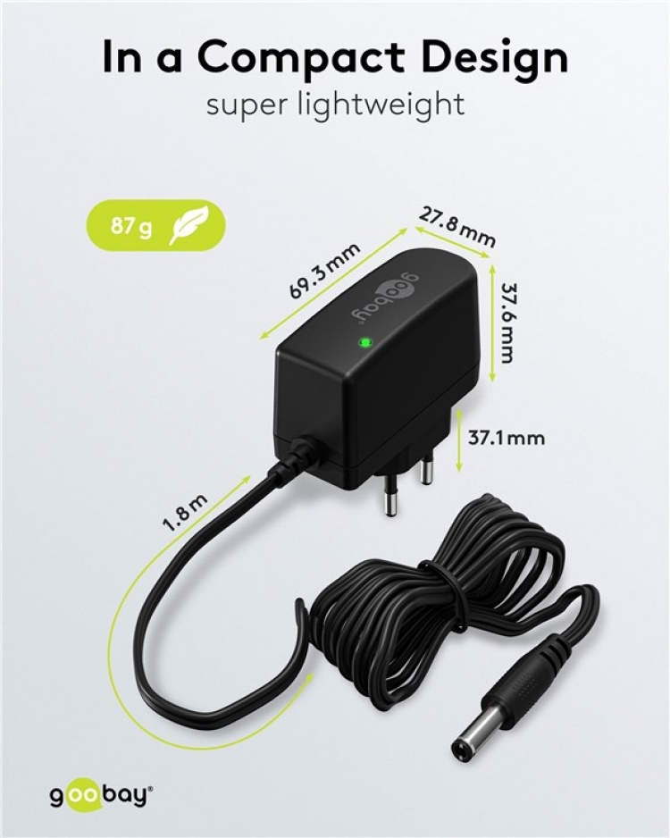 Goobay 12 V strømforsyning (12 W / 1,0 A) med senterpinne (hann) 5,5 mm x 2,1 mm