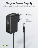 Goobay 12 V strømforsyning (12 W / 1,0 A) med senterpinne (hann) 5,5 mm x 2,5 mm
