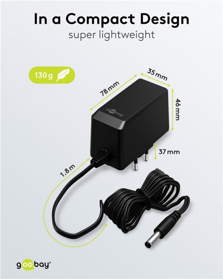 Goobay 12 V strømforsyning (27 W / 2,25 A) med senterpinne (hann) 5,5 mm x 2,1 mm Goobay 12 V strømforsyning (27 W / 2,25 A) med senterpinne (hann) 5,5 mm x 2,1 mm