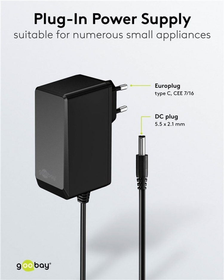 Goobay 12 V strømforsyning (27 W / 2,25 A) med senterpinne (hann) 5,5 mm x 2,1 mm Goobay 12 V strømforsyning (27 W / 2,25 A) med senterpinne (hann) 5,5 mm x 2,1 mm