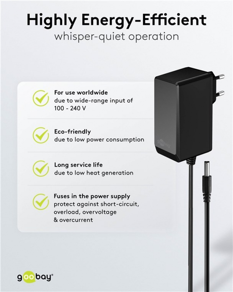 Goobay 12 V strømforsyning (27 W / 2,25 A) med senterpinne (hann) 5,5 mm x 2,1 mm Goobay 12 V strømforsyning (27 W / 2,25 A) med senterpinne (hann) 5,5 mm x 2,1 mm