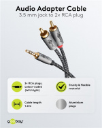 Goobay Audioadapterkabel AUX, 3,5 mm jack til stereo RCA-plugg, 1 m Pawl 3,5 mm plugg (3-pinners, stereo) > 2x RCA-plugg (lyd venstre/høyre)